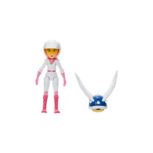 Princess Peach 5-inch action figure from The Super Mario Bros. Movie wearing motorcycle outfit with Spiny Blue Shell accessory.