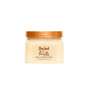 Tree Hut Vanilla Shea Sugar Scrub 18 oz jar with moisturizing and exfoliating body care formula.