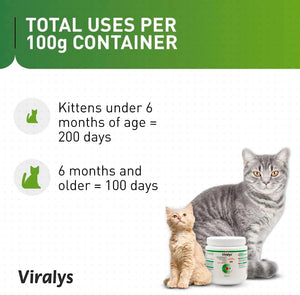 Vetoquinol Viralys L-Lysine Powder for cats 100g usage guide showing daily serving amounts for kittens and adult cats.