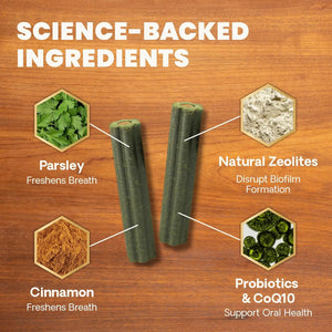 VetriScience Healthy Mouth dental chews ingredients including parsley, cinnamon, probiotics, CoQ10 and natural zeolites.