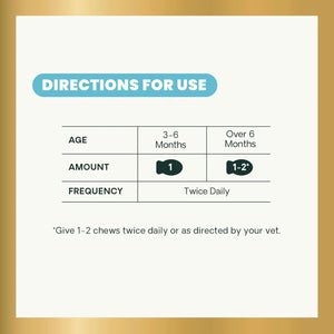VetriScience Lysine Immunity Health Chews for cats dosage chart showing age-based directions for kittens and adult cats.