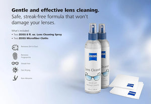 ZEISS Lens Care Pack with two 8oz lens cleaning spray bottles and microfiber cloths for streak free cleaning