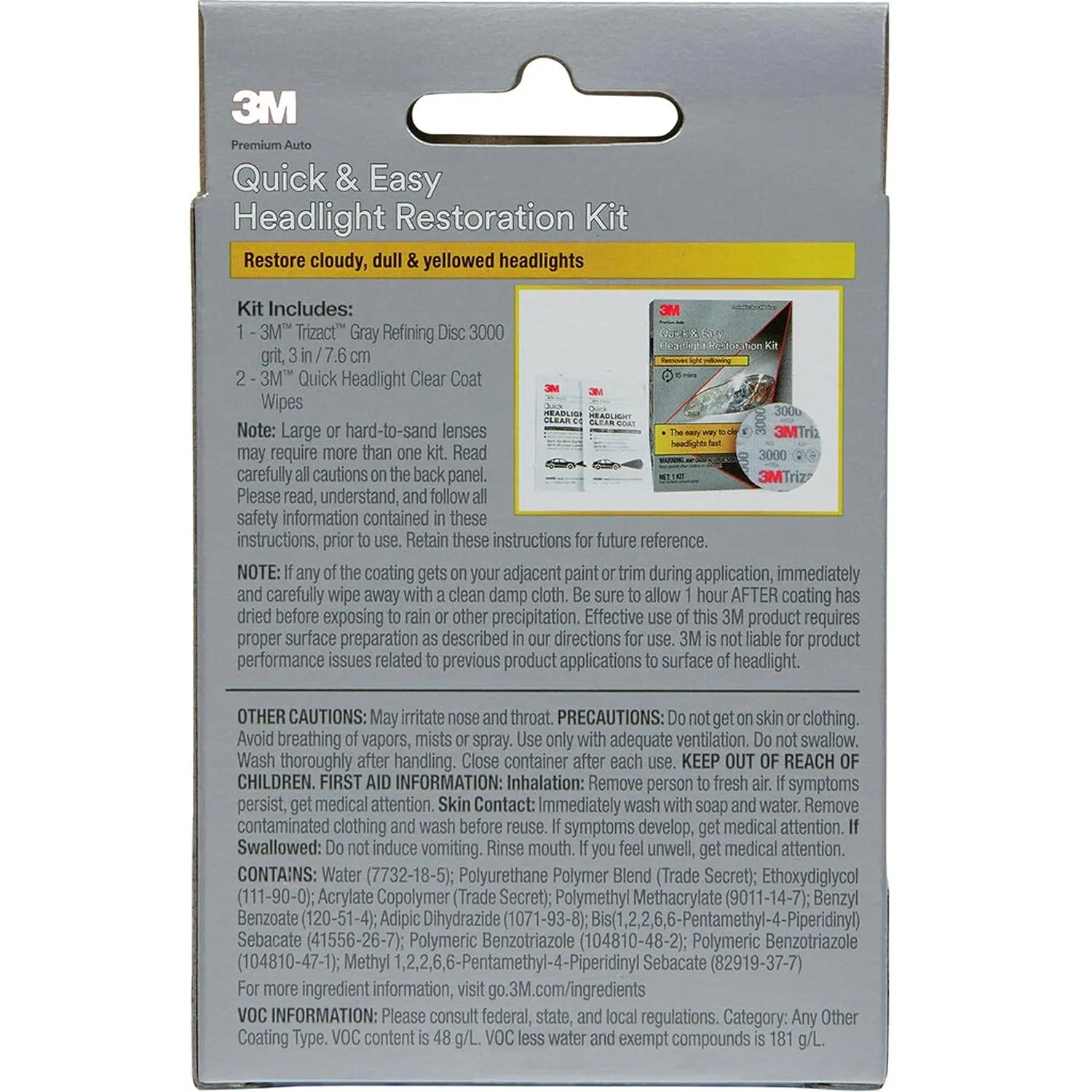 Back view of 3M Quick & Easy Headlight Restoration Kit showing instructions and contents