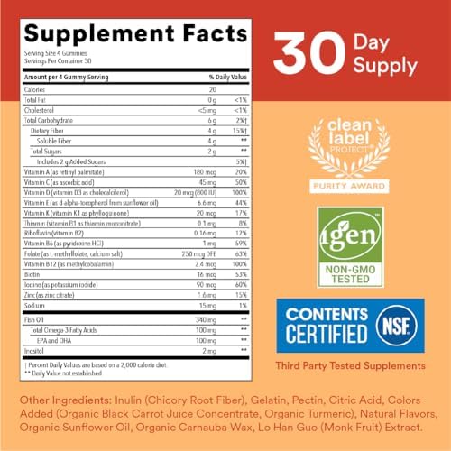 SmartyPants Kids Multivitamin Gummies and Fiber Supplement: Vitamin D3, C, Vitamin B12, B6, A, Zinc, Biotin, Inositol, Fiber Gummies, Three Fruit Flavors, 120 Count (30 Day Supply)|B00CX6DM0O