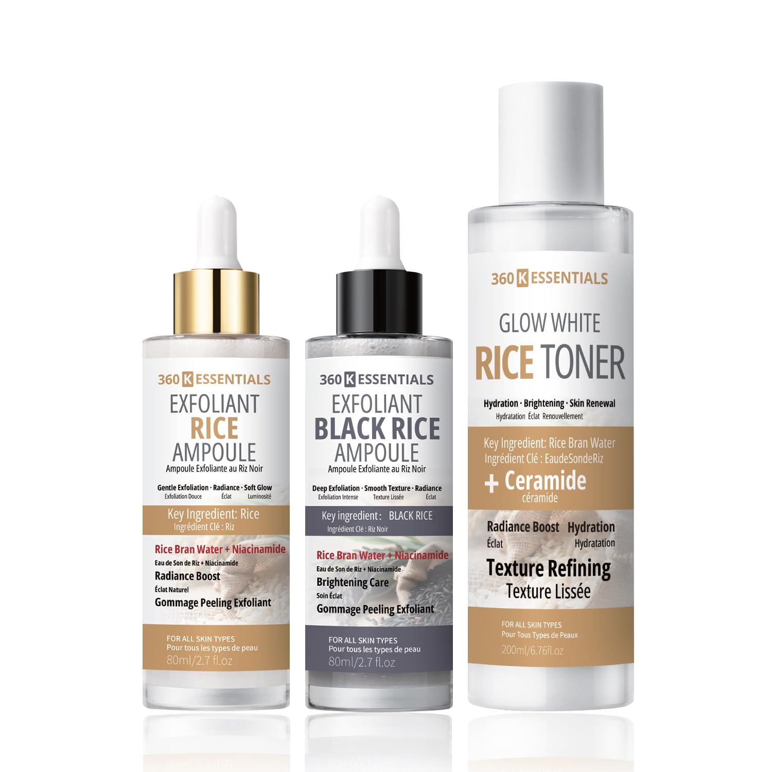 Rice Toner & Ampoule Skincare Set – 3 Step Rice Skincare Routine with Niacinamide & Ceramide, Brightening & Hydrating K-Beauty Inspired Korean Skincare | 360 Essentials