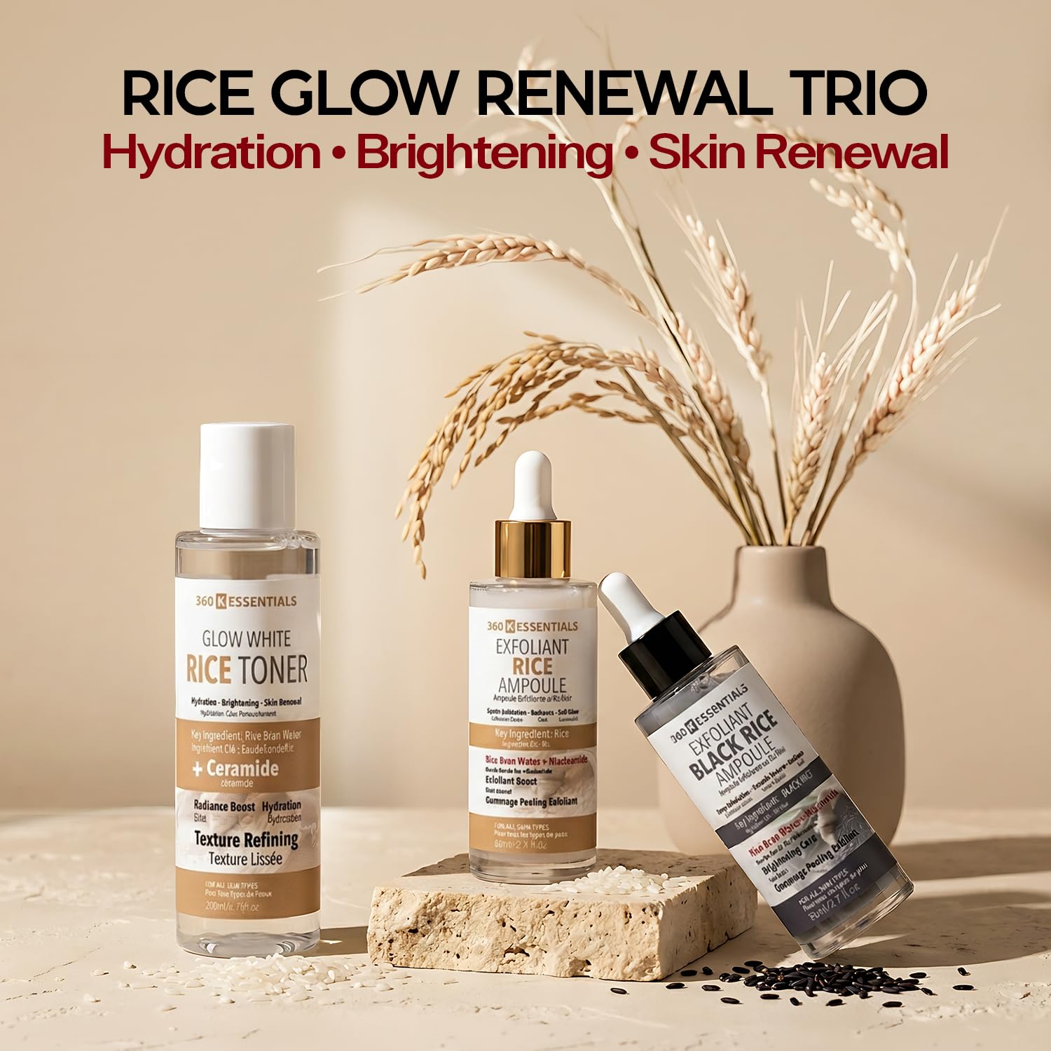 Rice Toner & Ampoule Skincare Set – 3 Step Rice Skincare Routine with Niacinamide & Ceramide, Brightening & Hydrating K-Beauty Inspired Korean Skincare | 360 Essentials