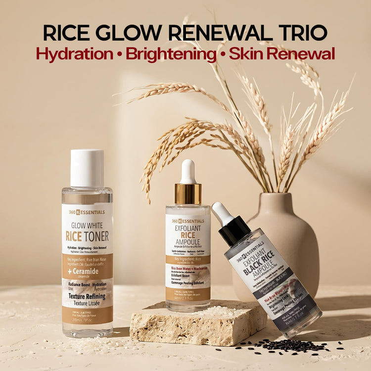Rice Toner & Ampoule Skincare Set – 3 Step Rice Skincare Routine with Niacinamide & Ceramide, Brightening & Hydrating K-Beauty Inspired Korean Skincare | 360 Essentials