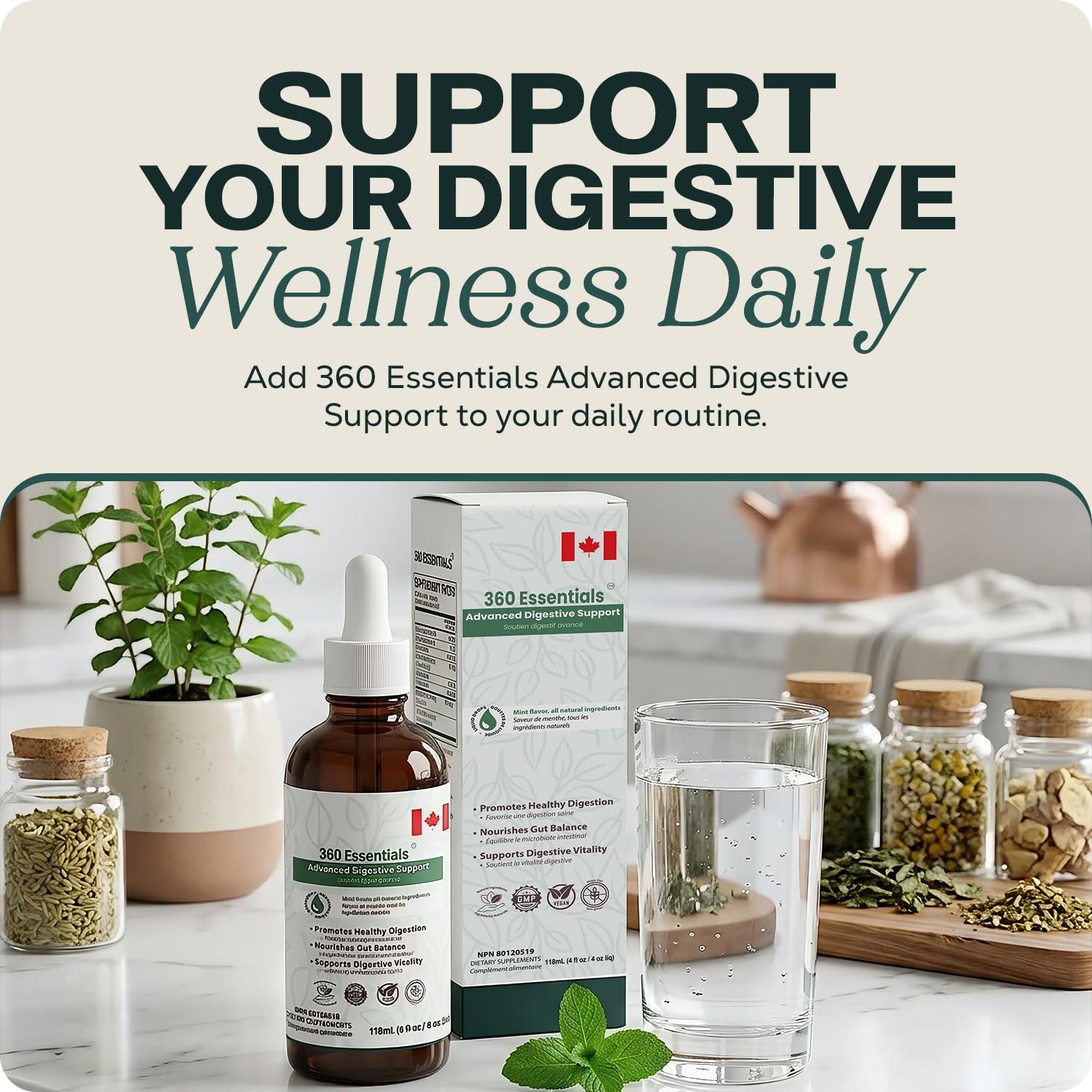 360 Essentials Advanced Digestive Support Liquid Drops - 118ml Non-GMO, Vegan-Friendly -Minty Flavour - MADE IN CANADA