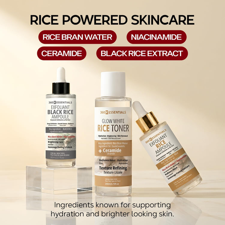Rice Toner & Ampoule Skincare Set – 3 Step Rice Skincare Routine with Niacinamide & Ceramide, Brightening & Hydrating K-Beauty Inspired Korean Skincare | 360 Essentials
