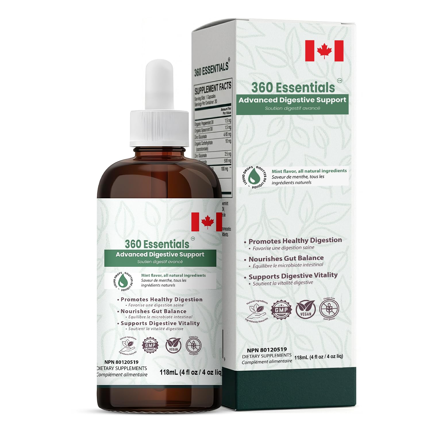 360 Essentials Advanced Digestive Support Liquid Drops - 118ml Non-GMO, Vegan-Friendly -Minty Flavour - MADE IN CANADA