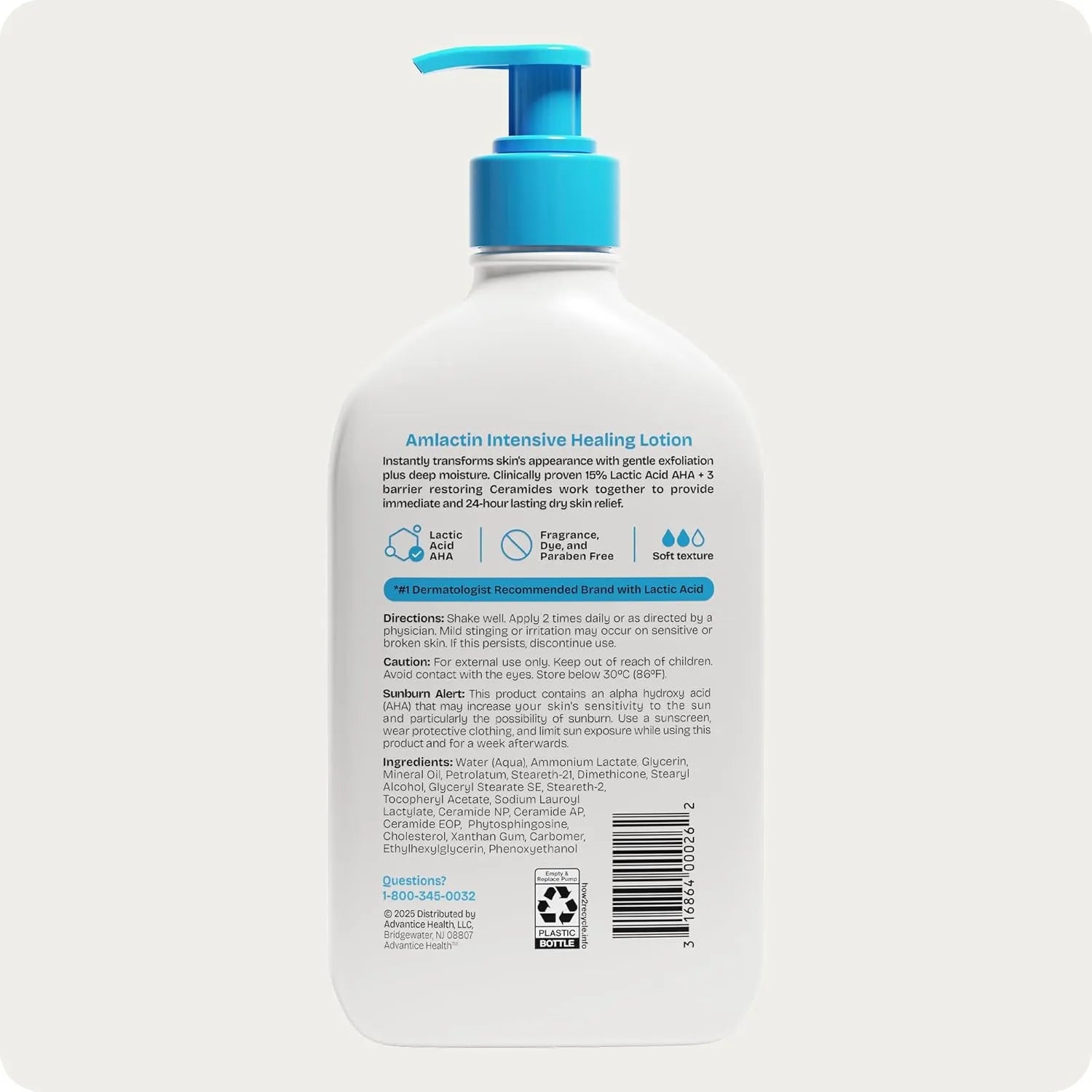 AmLactin Intensive Healing Body Lotion back label showing ingredients and directions, 14.1 oz