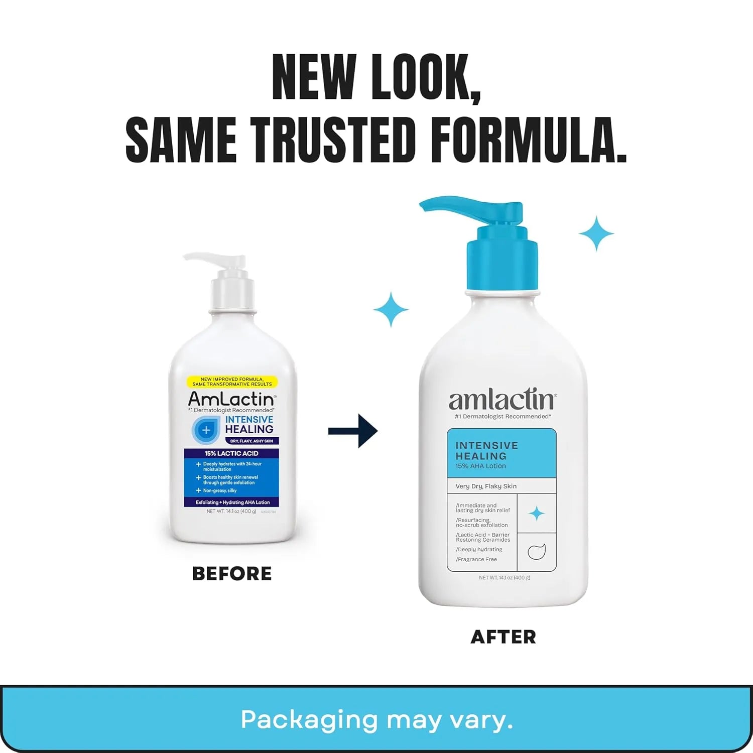 AmLactin Intensive Healing Lotion before and after packaging comparison, 14.1 oz