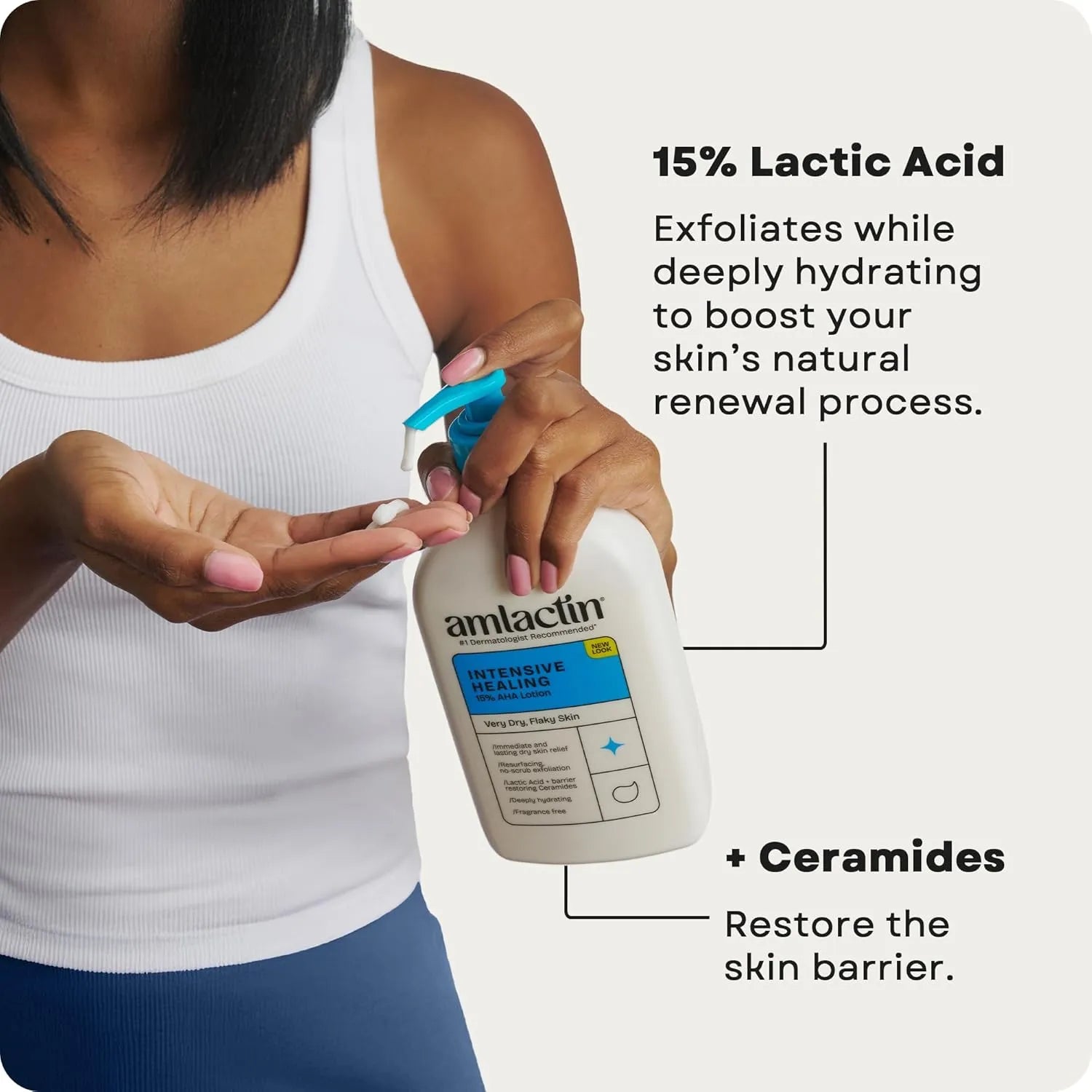 AmLactin Intensive Healing Body Lotion highlighting ceramides and deep hydration benefits