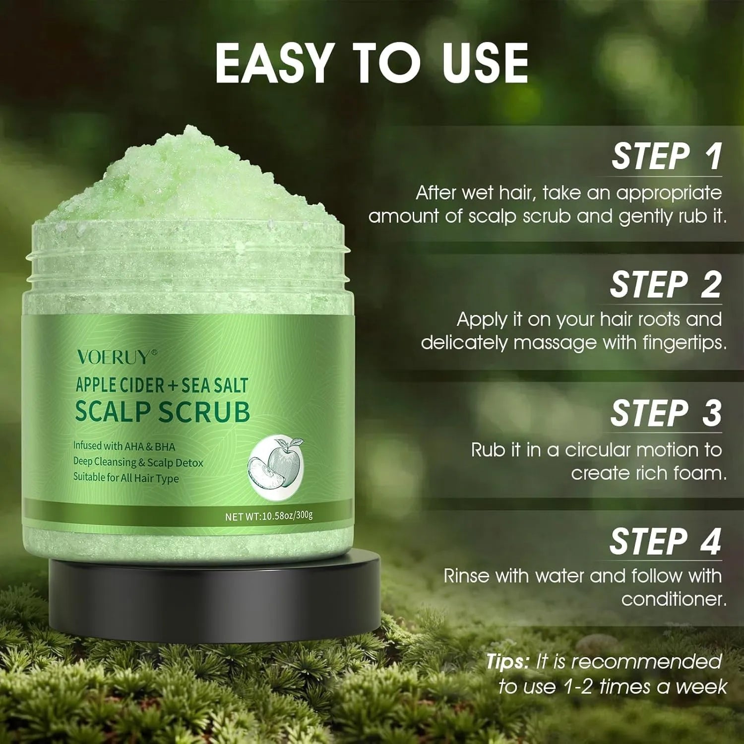 Apple Cider AHA BHA scalp scrub shampoo showing step by step instructions for use on wet hair for deep cleansing