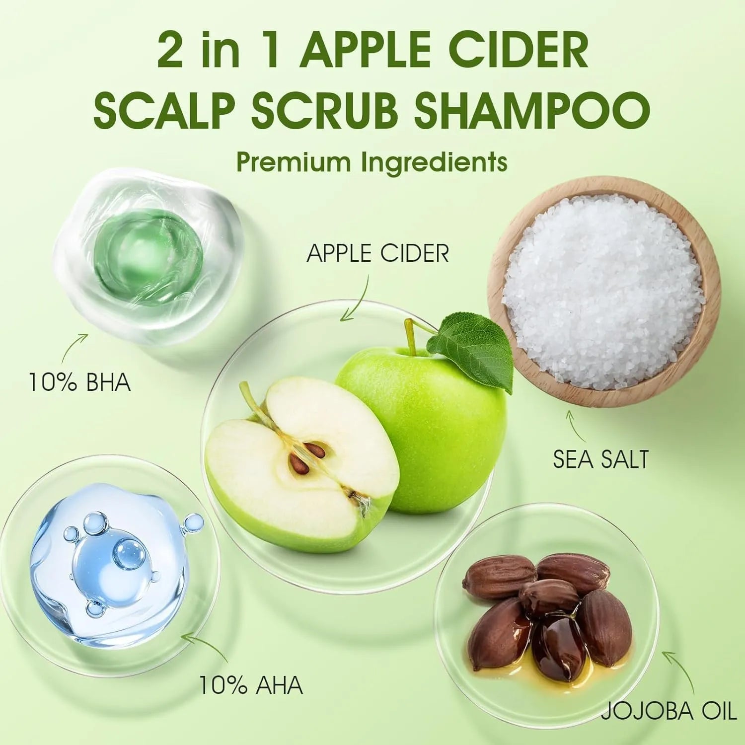 Apple cider scalp scrub ingredients including sea salt jojoba oil AHA and BHA for clarifying scalp treatment