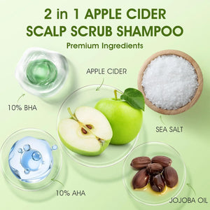 Apple cider scalp scrub ingredients including sea salt jojoba oil AHA and BHA for clarifying scalp treatment