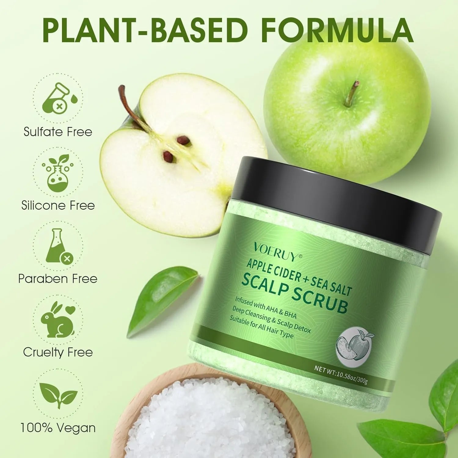 Apple cider sea salt scalp scrub with plant based formula highlighting sulfate free silicone free and vegan ingredients