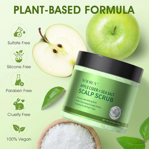 Apple cider sea salt scalp scrub with plant based formula highlighting sulfate free silicone free and vegan ingredients