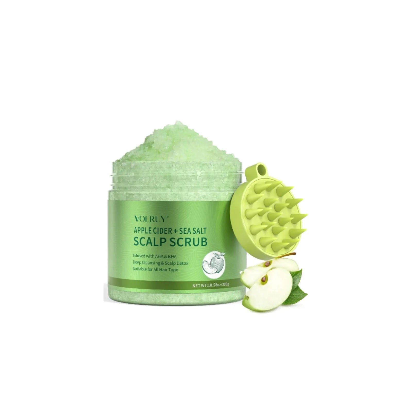 Apple cider sea salt scalp scrub shampoo jar with silicone scalp massager and fresh apple ingredients