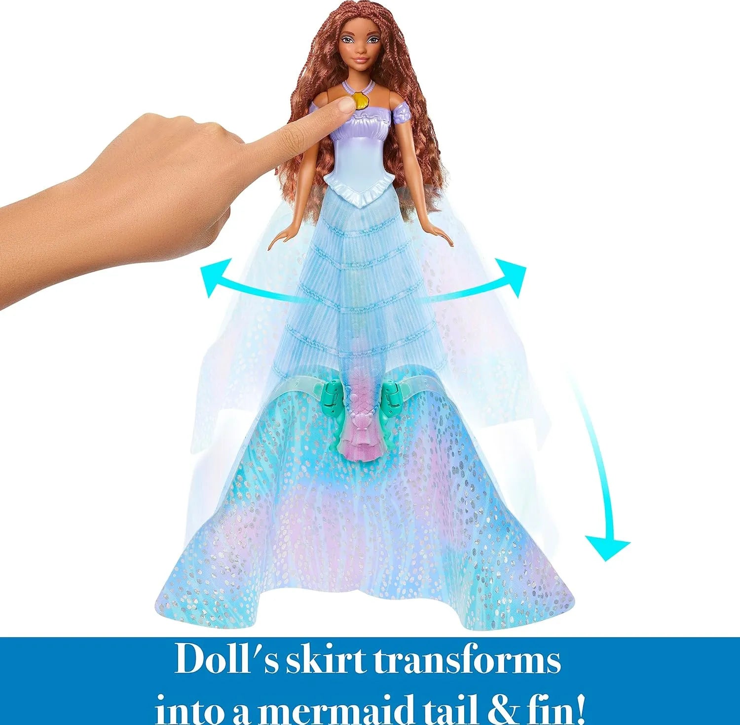 Mattel Ariel doll with skirt transformed into mermaid tail and fin inspired by The Little Mermaid movie.