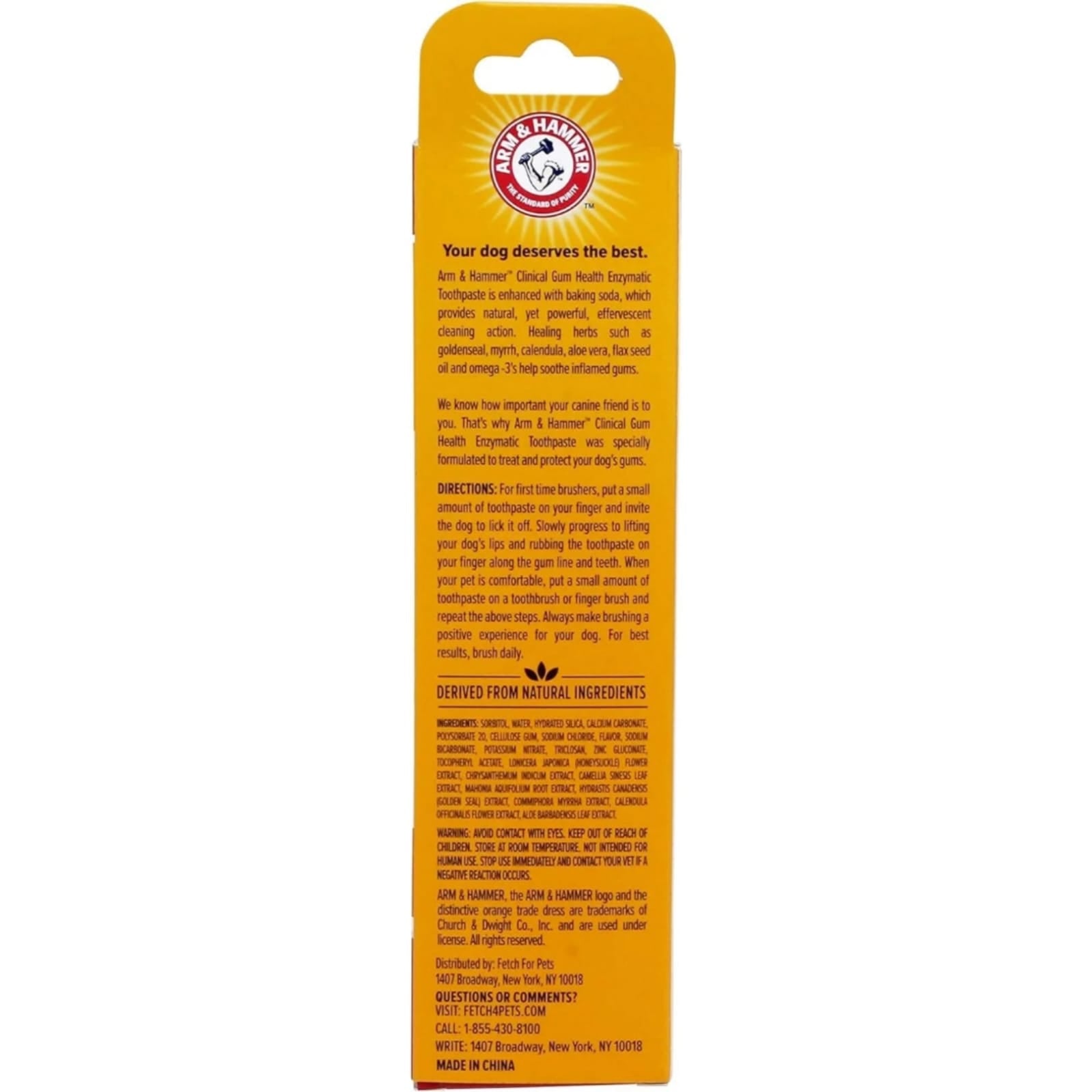 Back packaging of Arm & Hammer Clinical Gum Health enzymatic toothpaste for dogs with directions and ingredients