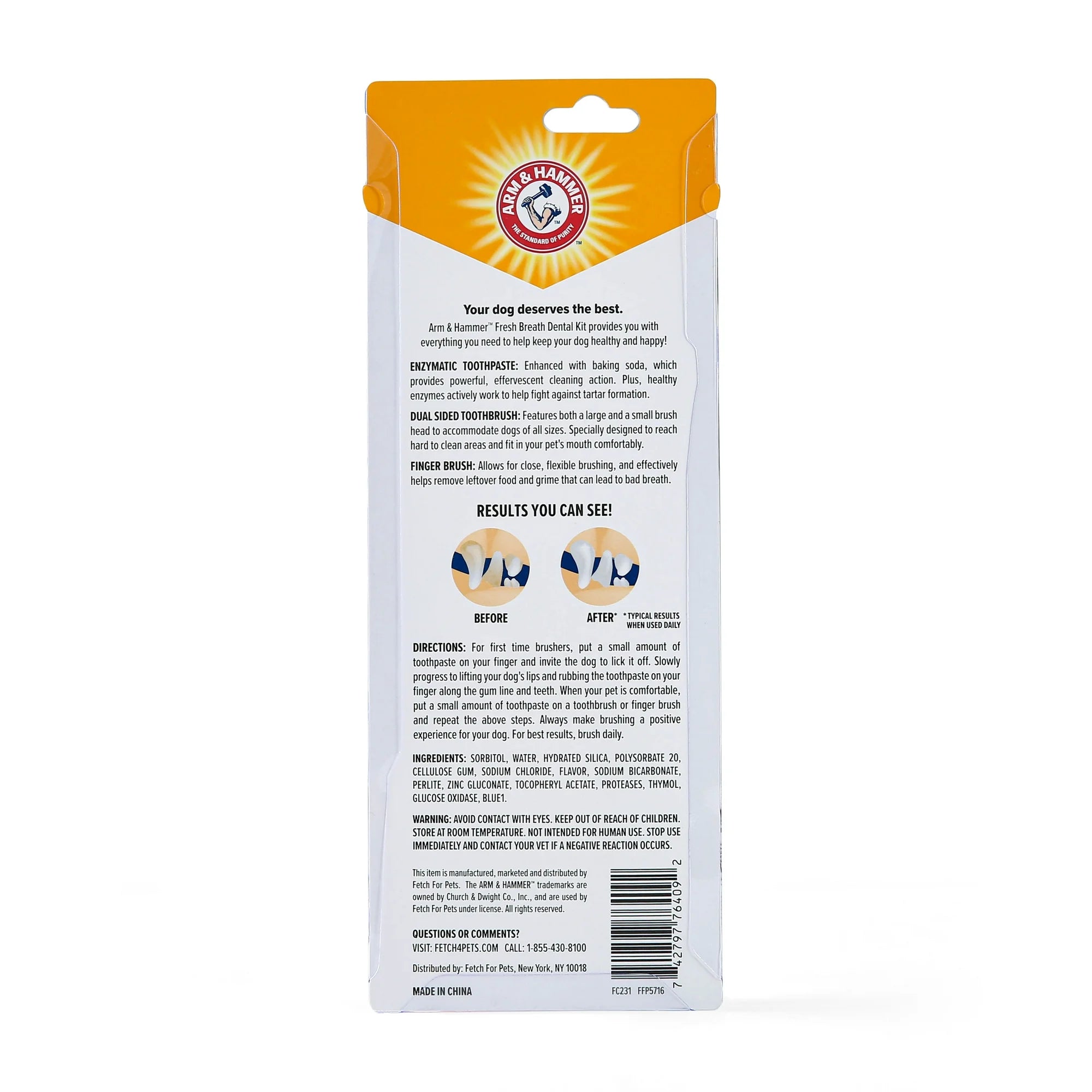 Back of Arm & Hammer dog dental care fresh breath kit packaging showing instructions and product details