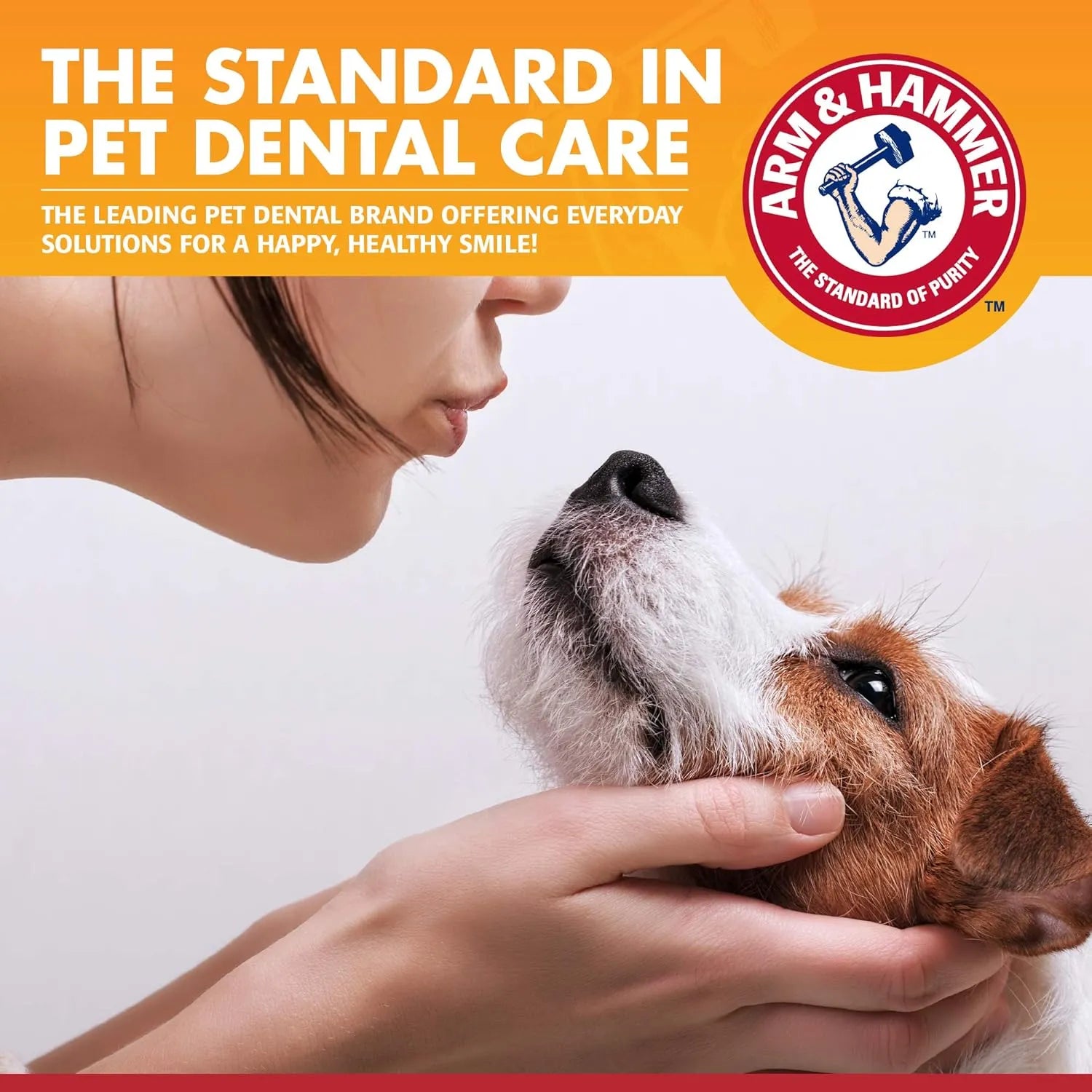 Arm & Hammer dog dental care showing gentle pet dental care and healthy dog smile with trusted brand logo