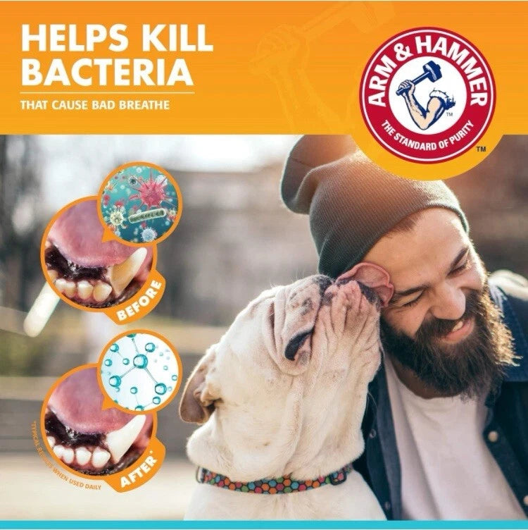 Arm & Hammer dog toothpaste helps kill bacteria that cause bad breath, showing before and after dental results.