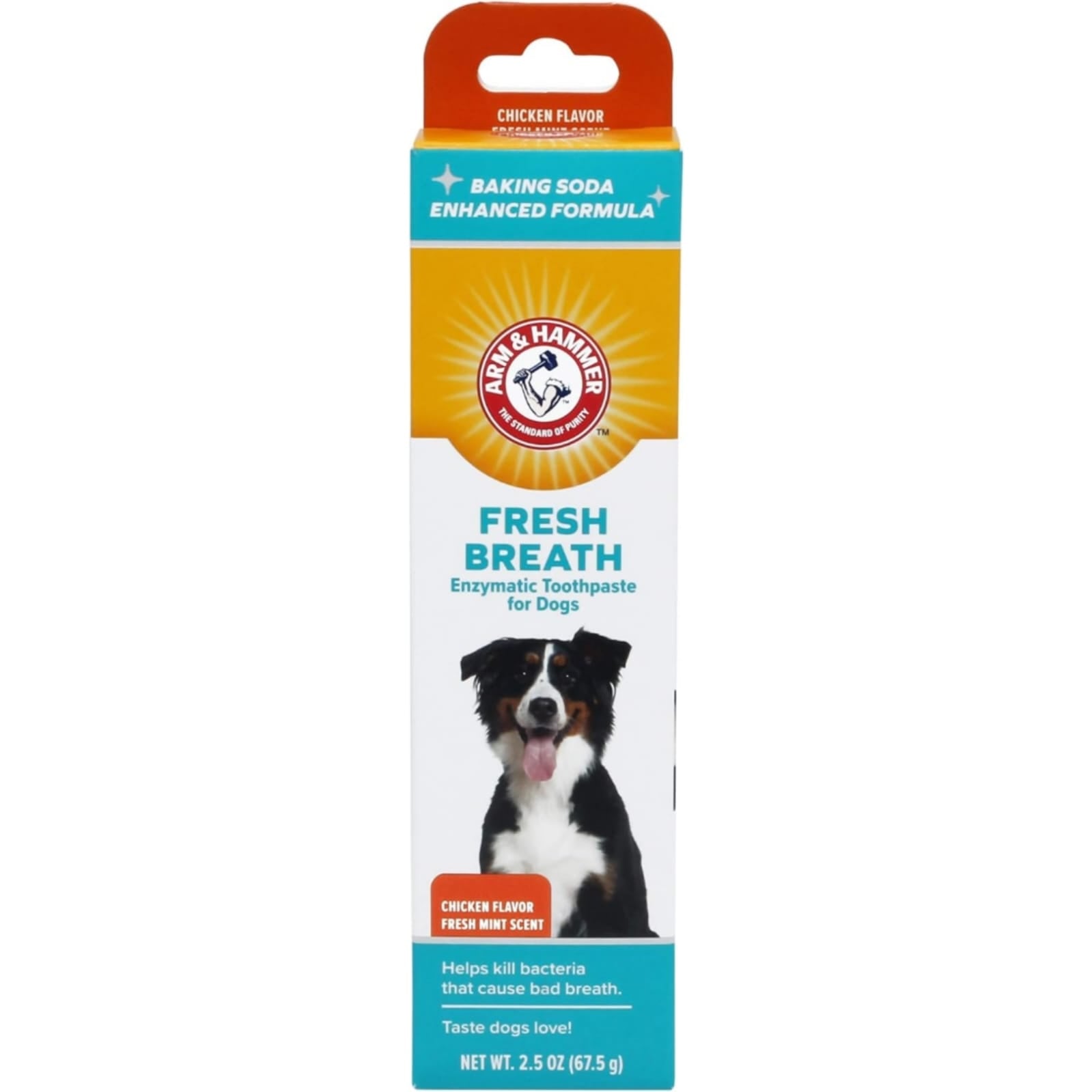 Arm & Hammer Fresh Breath enzymatic toothpaste for dogs with chicken flavor in retail packaging.