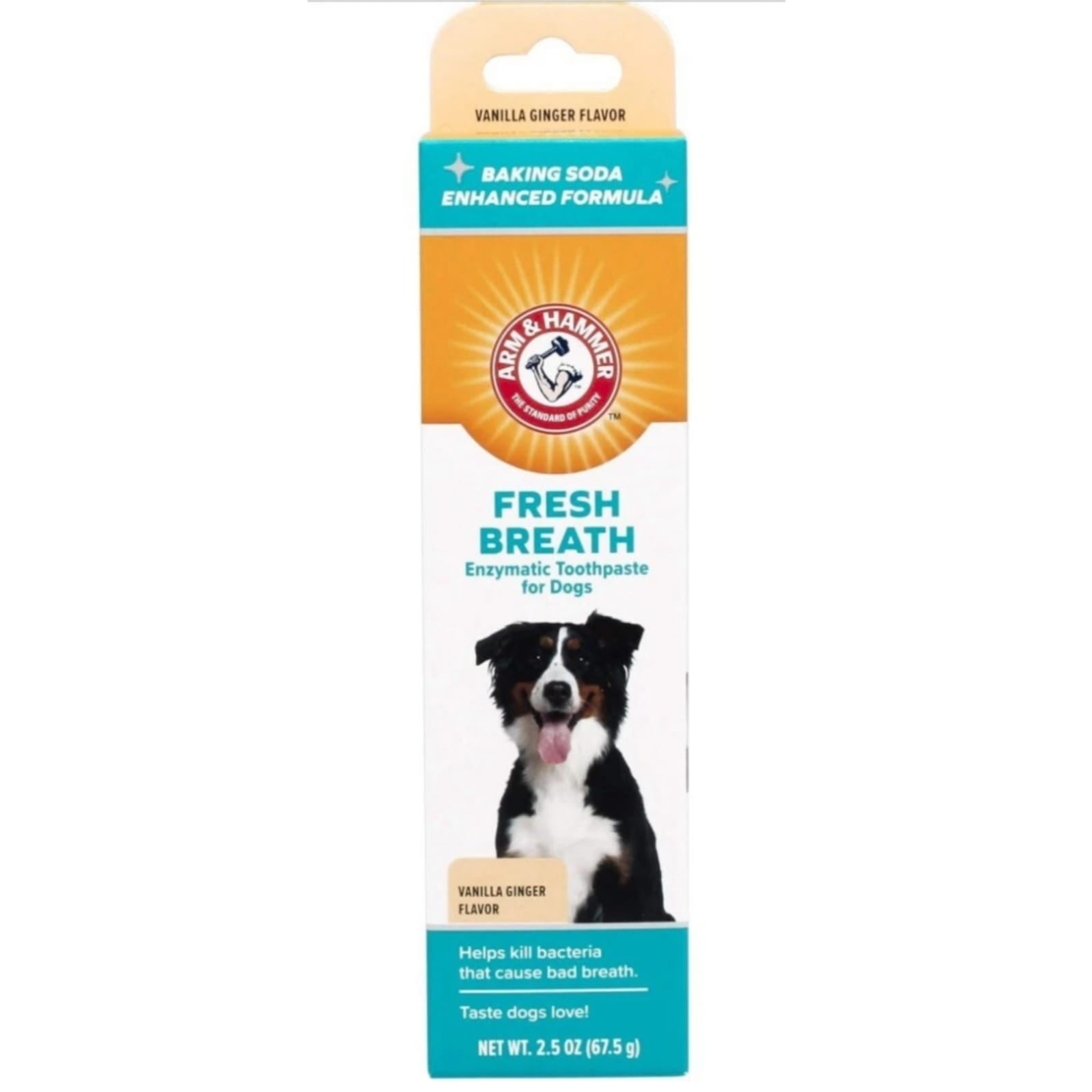 Arm & Hammer Fresh Breath enzymatic toothpaste for dogs with vanilla ginger flavor in retail packaging.