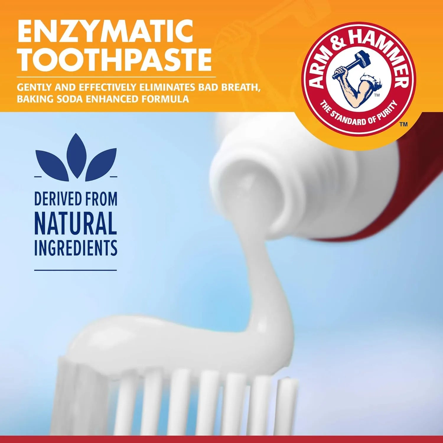 Close-up of Arm & Hammer enzymatic dog toothpaste made with baking soda and natural ingredients