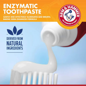 Close-up of Arm & Hammer enzymatic dog toothpaste made with baking soda and natural ingredients