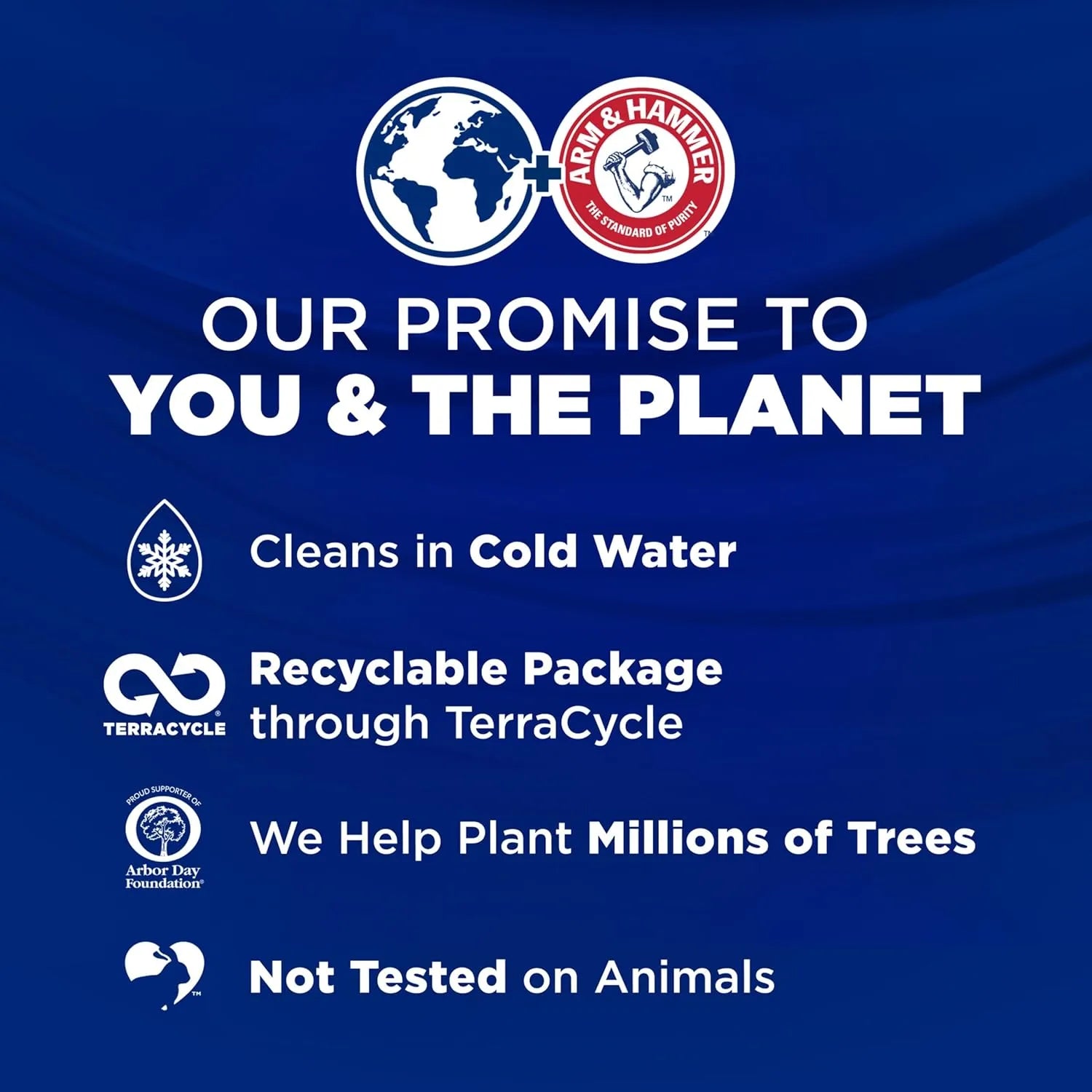 Arm & Hammer Plus OxiClean laundry detergent highlighting sustainability and recyclable packaging