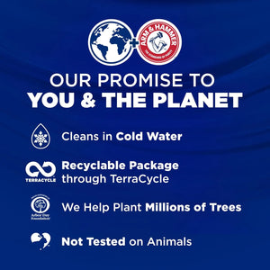 Arm & Hammer Plus OxiClean laundry detergent highlighting sustainability and recyclable packaging