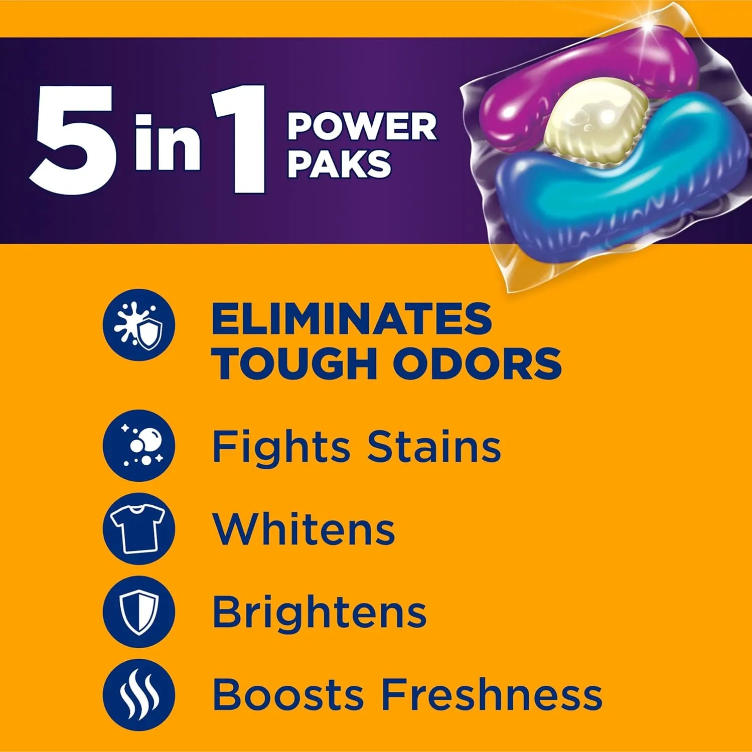 Arm & Hammer Plus OxiClean Power Paks highlighting 5 in 1 cleaning benefits