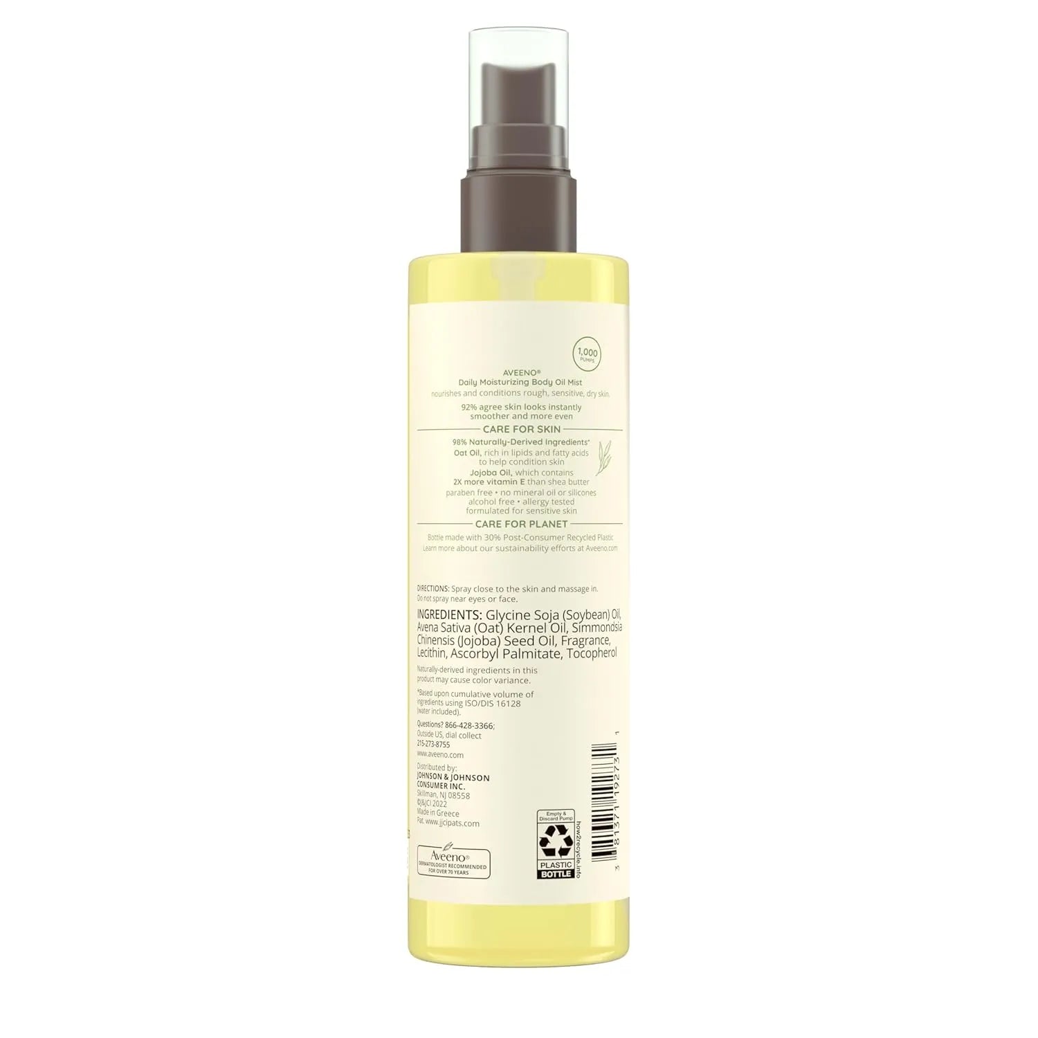 Aveeno Daily Moisturizing Body Oil Mist back label showing ingredients and product details, 6.7 fl oz