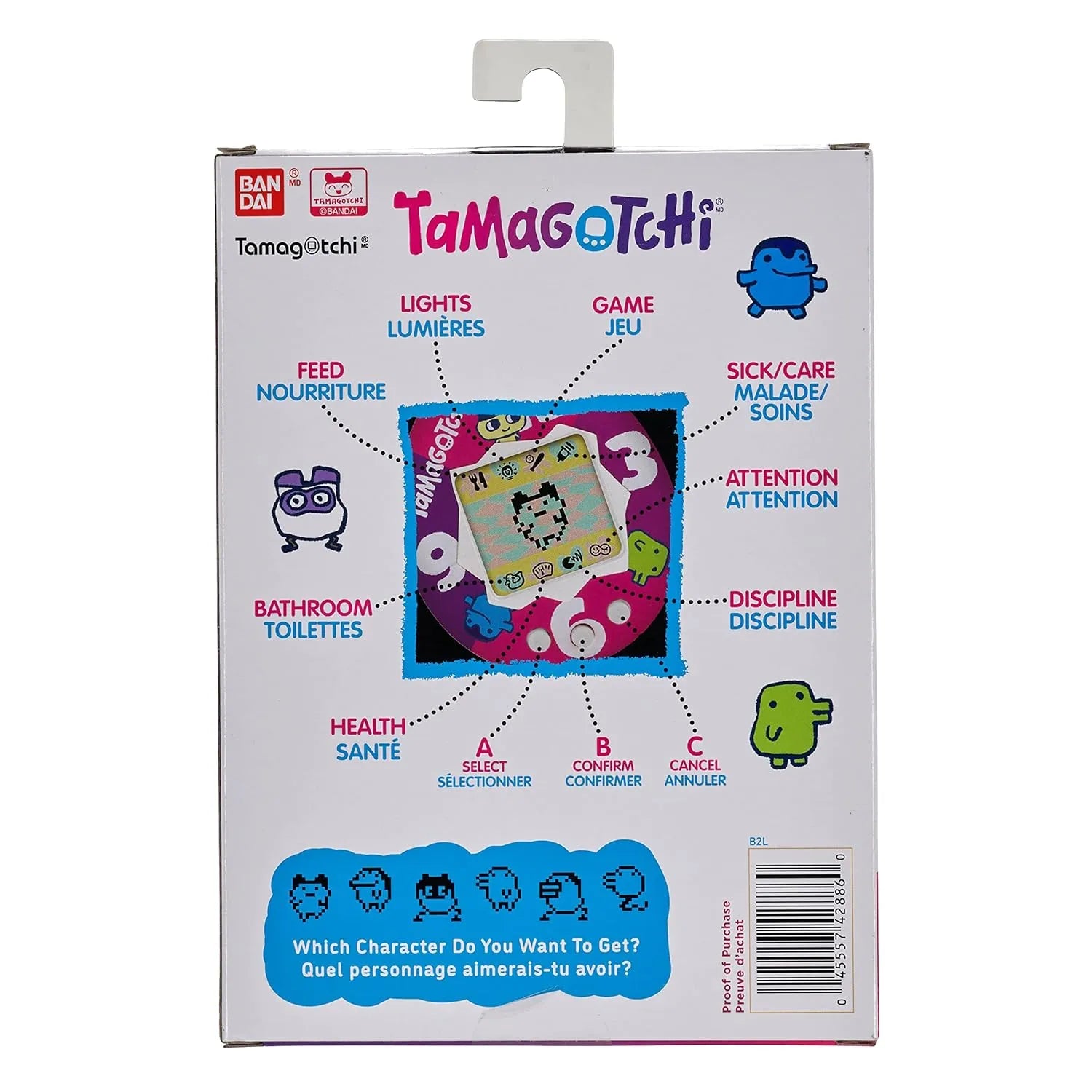 Back view of BANDAI Original Tamagotchi Sakura Gen 1 packaging with gameplay icons