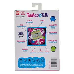 Back view of BANDAI Original Tamagotchi Sakura Gen 1 packaging with gameplay icons