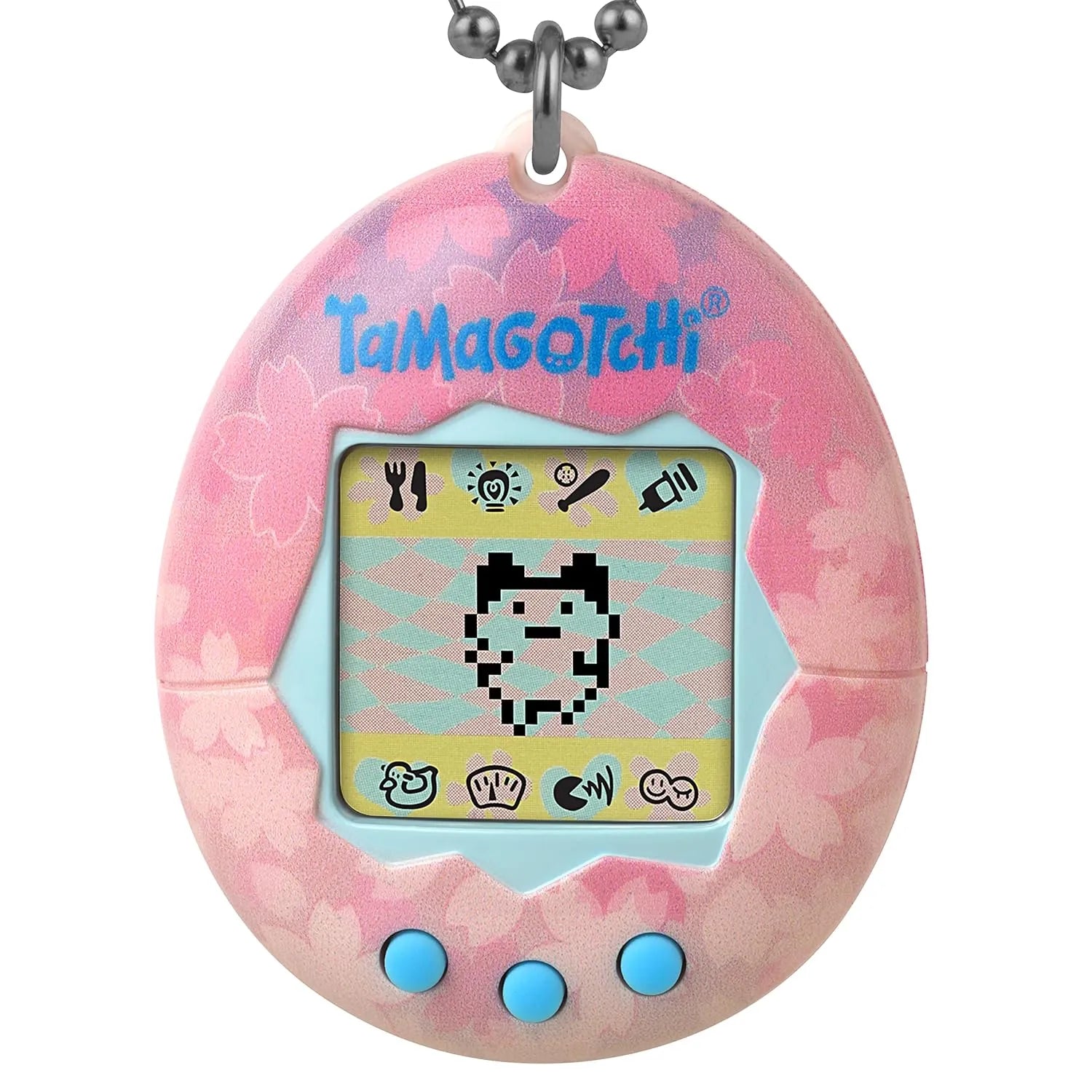 Close-up of BANDAI Original Tamagotchi Sakura Gen 1 screen and control buttons