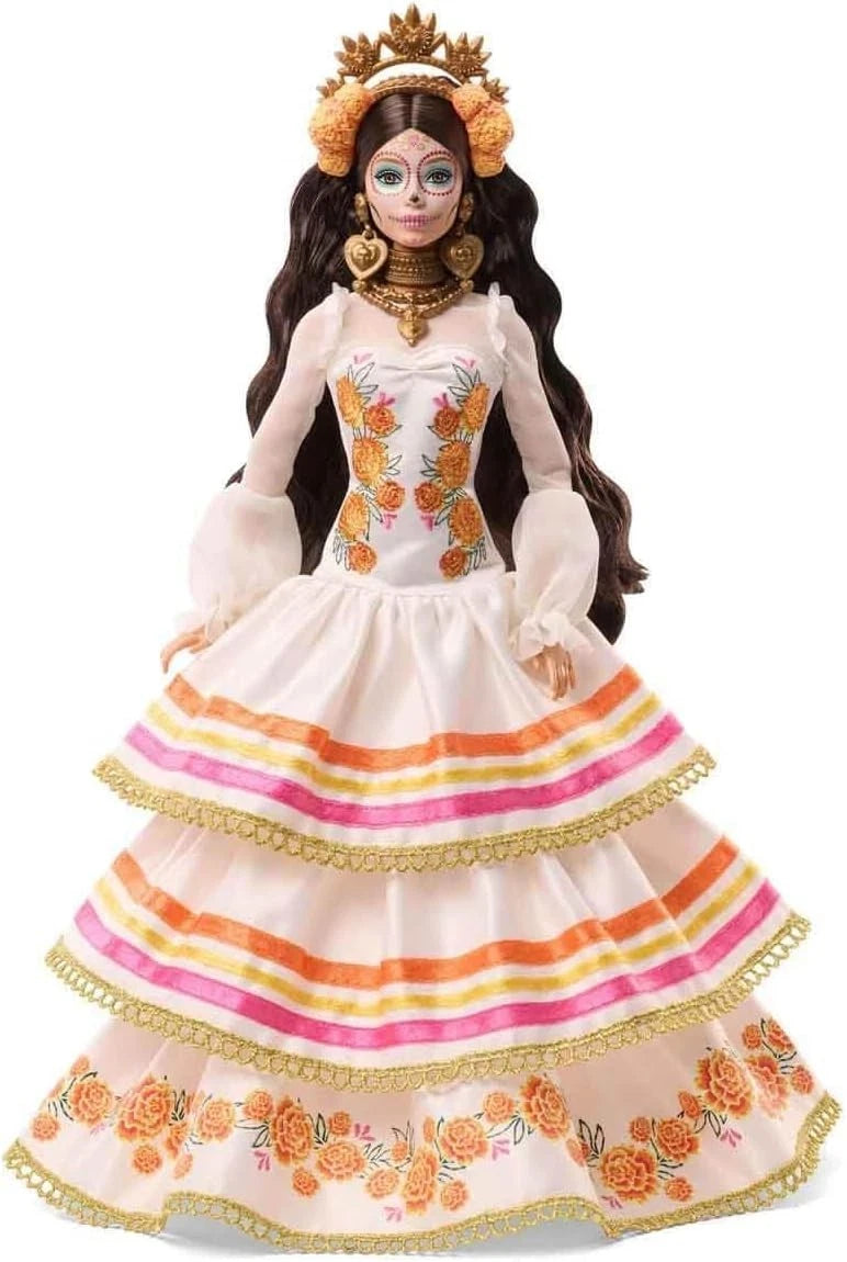 Full front view of Barbie Signature Día de Muertos 2025 doll wearing a ruffled cream gown with marigold accents