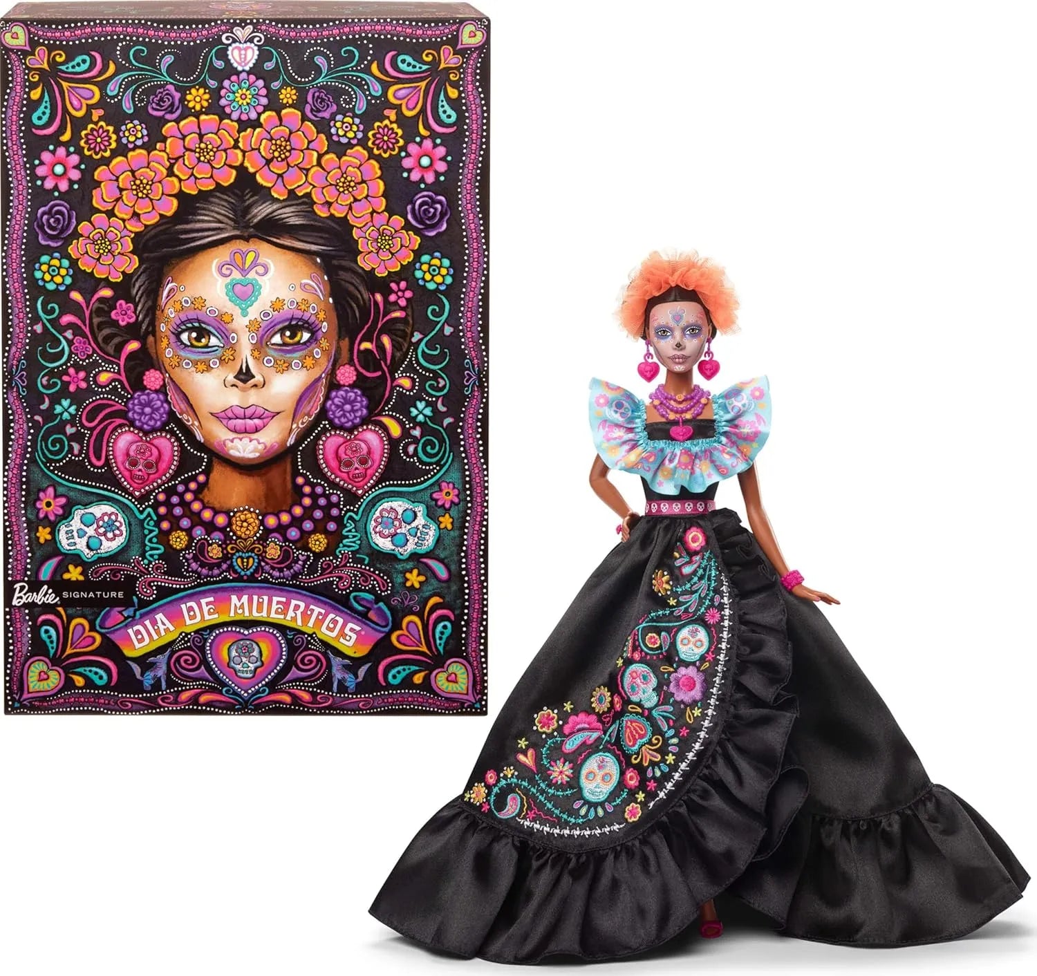 Barbie Signature 2024 Día de Muertos collectible doll shown next to decorative packaging box with vibrant folk art design.