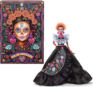 Barbie Signature 2024 Día de Muertos collectible doll shown next to decorative packaging box with vibrant folk art design.