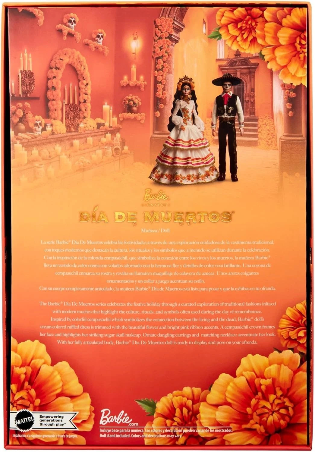 Back of Barbie Signature Día de Muertos 2025 collectible doll packaging featuring altar-inspired artwork and marigold details