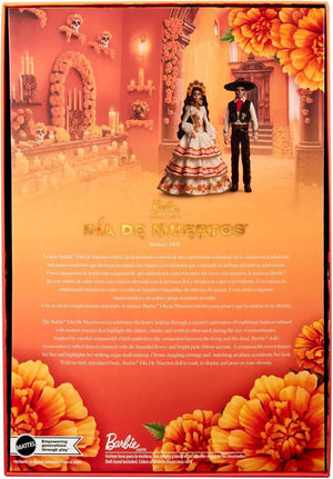 Back of Barbie Signature Día de Muertos 2025 collectible doll packaging featuring altar-inspired artwork and marigold details