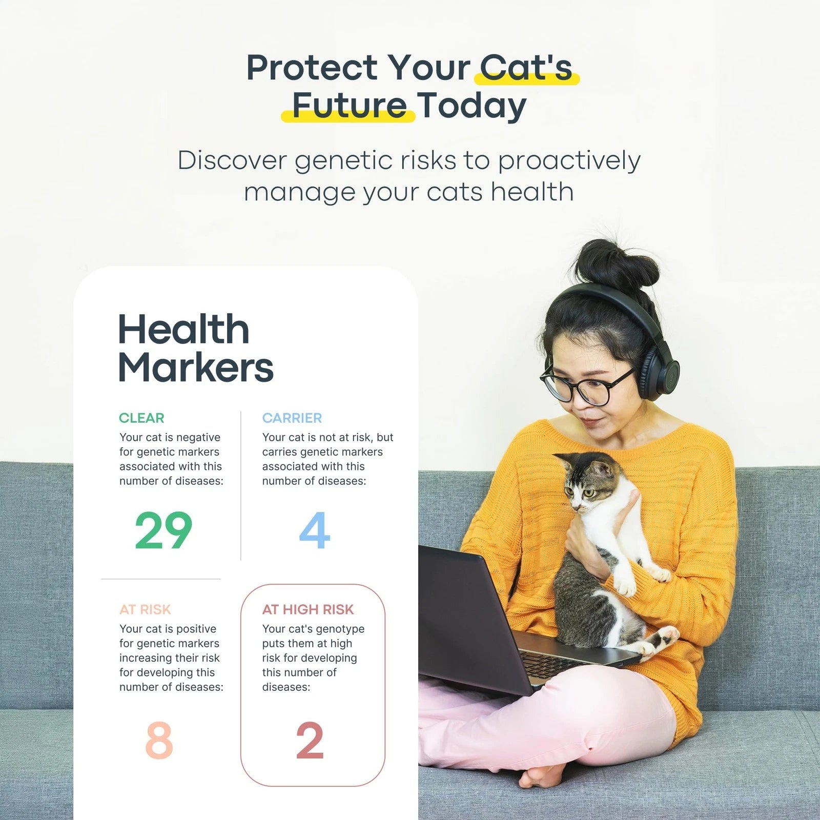 Cat owner reviewing Basepaws DNA health results on a laptop while holding her cat