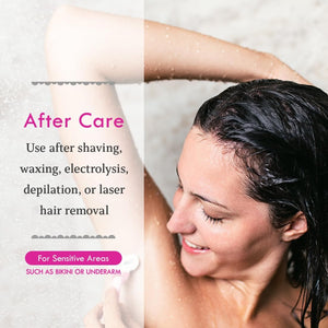 Woman applying after shave care following shaving and hair removal, suitable for sensitive areas like bikini and underarm