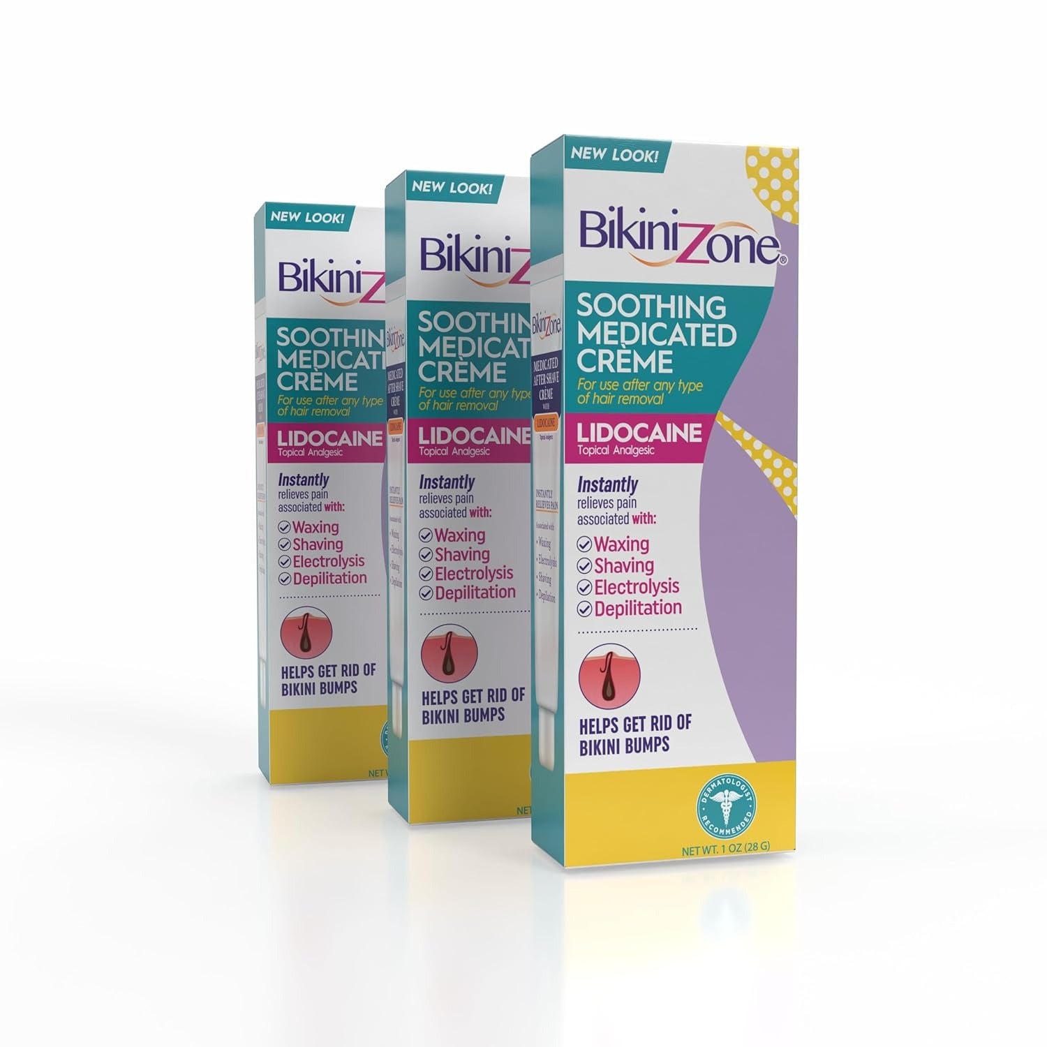 Bikini Zone soothing after shave crème with lidocaine shown in a pack of three boxes
