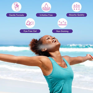 Illustration showing Bikini Zone after shave crème benefits including gentle formula, irritation free, fast absorbing, and non staining
