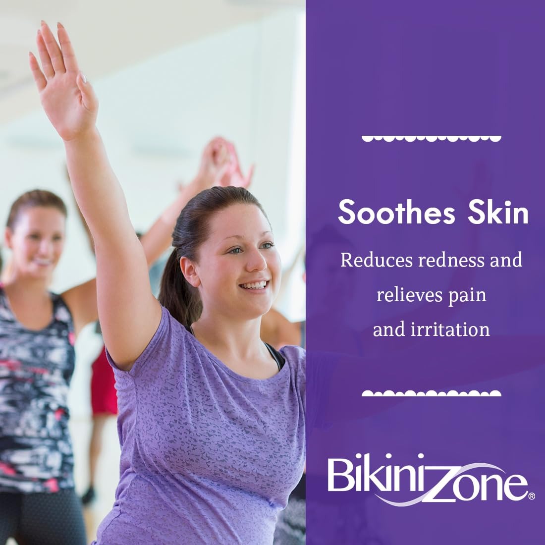 Woman raising her arm comfortably after hair removal, highlighting Bikini Zone after shave crème soothing irritated skin
