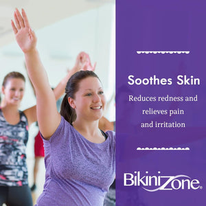 Woman raising her arm comfortably after hair removal, highlighting Bikini Zone after shave crème soothing irritated skin